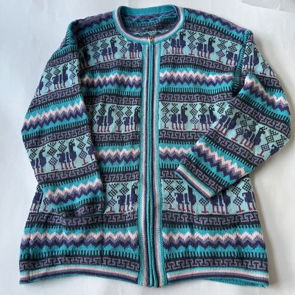 Alpaca Sweater Pink & Blue Cardigan Full Zipper Striped Soft Made in Peru - Picture 4 of 8